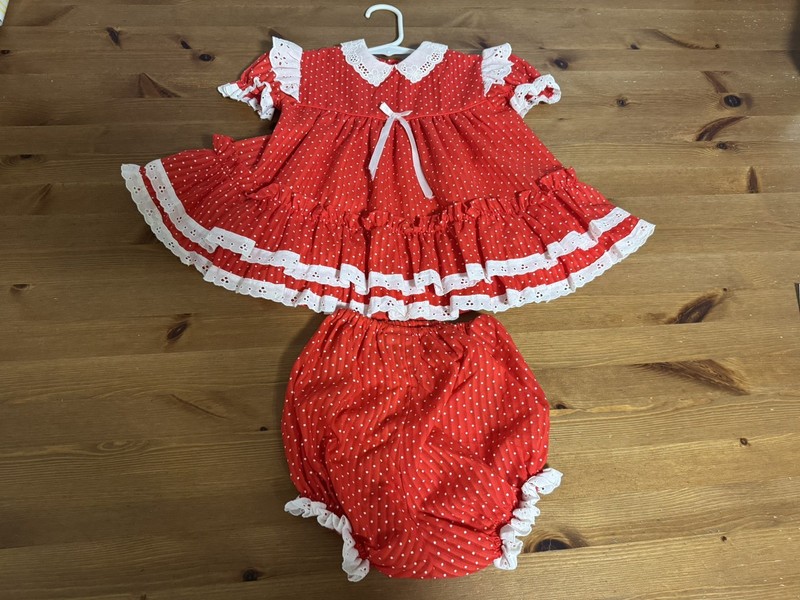 Bryan Girls 24M 2pc Red Dot Ruffle Lace Trim Dress Set USA Vintage EUC