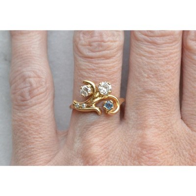 Vintage 1980s 14K Gold Diamond Ring, Natural Blue Iolite Bypass Ring