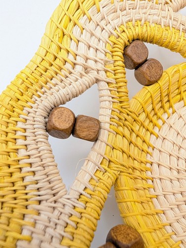 Hand Woven Jamaican Decorative Mini Yellow and Ivory Wall Hanging With Wood Bead - Picture 3 of 4