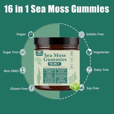 16 in 1 Organic Sea Moss Gummy | Irishmoss Extract 6000Mg | Green Apple Flavor