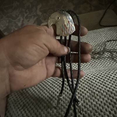 Native American Sterling Ang Turquoise Eagle Head Bolo Tie