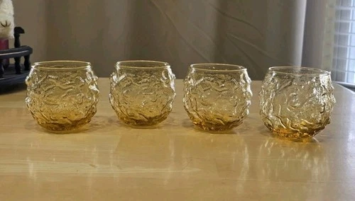 VTG Anchor Hocking Lido Milano Honey Gold Roly Poly Tumblers Lowball Set Of 4
