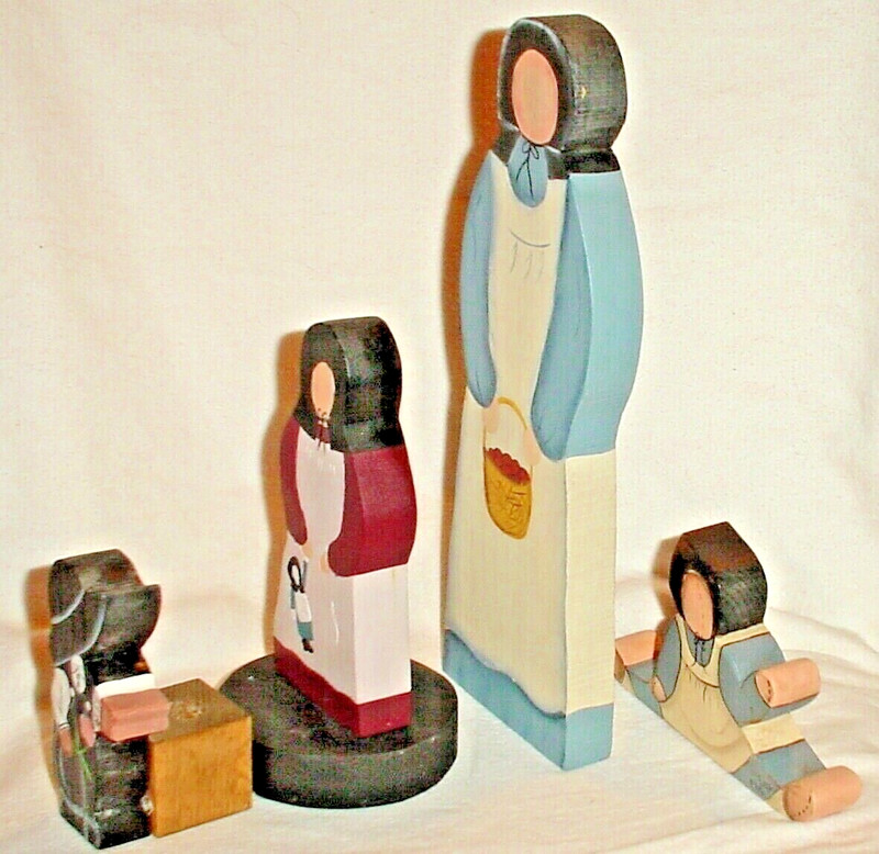 GIRLS & MOM 4 AMISH WOOD FIGURES /PA DUTCH/1 Sgnd CAW 92/HOME DECOR/3.5"to 9.5"