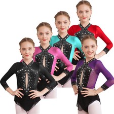 Kids Girls Bodysuit Patchwork Leotard Color Block Dress Gymnastics Costume