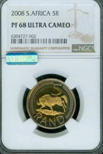 2008 SOUTH AFRICA 5 RAND NGC PF68 UCam MAC SPOTLESS  1563  MINTAGED *