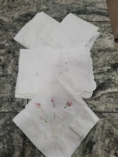 A Vintage Lot 4 White Linen Cotton Hankies Hand Embroidered Floral 1940s