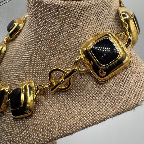 VTG Black Enamel Chunky Necklace Gold Tone 17” Square Domed Link Choker - Picture 3 of 4