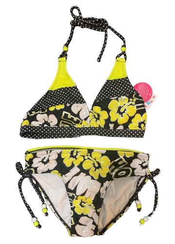 Justice Girls Swimsuit Bikini Yellow Black 14 Halter Tie Cinch Sides 2 Piece Set