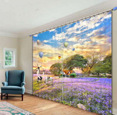 Lavender Field Windmill Scenery Blackout Curtain for Bedroom 3D Window Curtains
