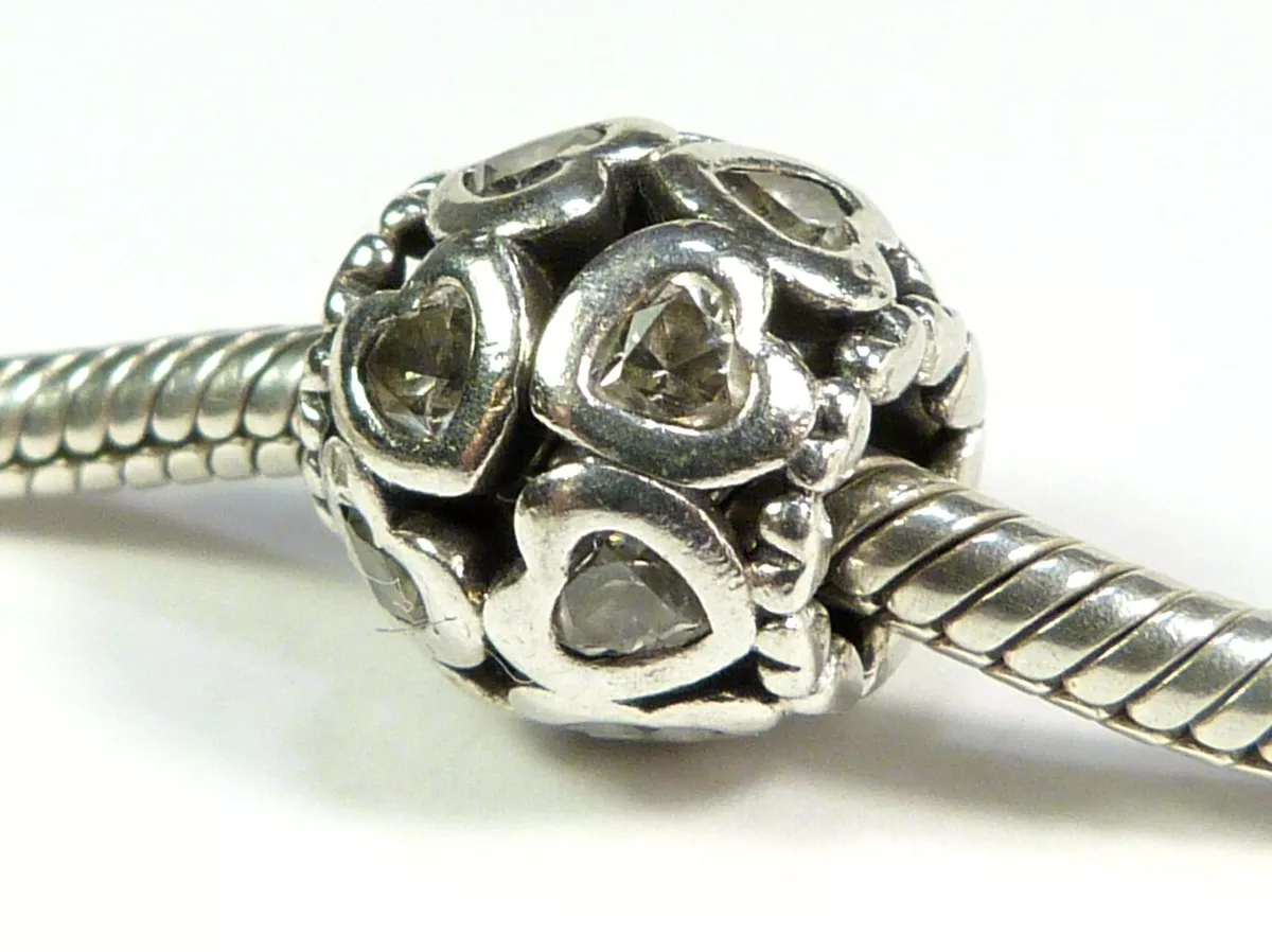 PANDORA S925 ALE SILVER CLEAR GEM SET CZ OPENWORK HEARTS BALL CHARM 791250CZS