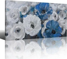 Pogusmavi Flower Canvas Art Wall Decor Large Living Room White Blue Flower Print