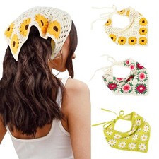 3 PCS Crochet Bandanas for Women Knitted Head Scarf Triangle Floral Kerchief