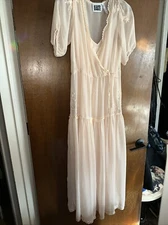 New Reclaimed Vintage Puff Sleeve V Neck Embroidered Maxi Dress Pink Size 6