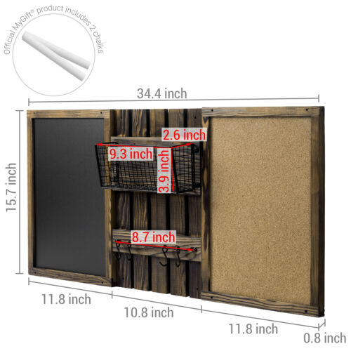 Wall Mounted Entryway Brown Wood Bulletin Board w/ a Chalkboard and Mail Basket - Picture 4 of 7
