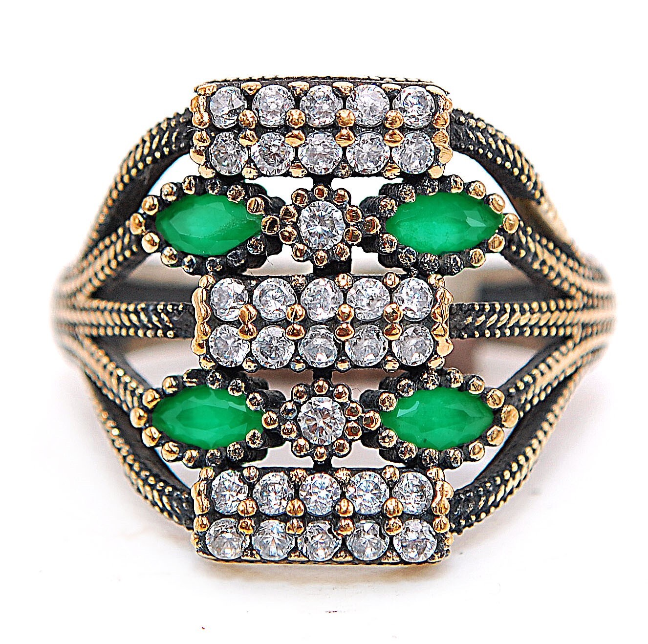 Vintage Ottoman Style 2CT Emerald 925 Silver Ring Size 8.5