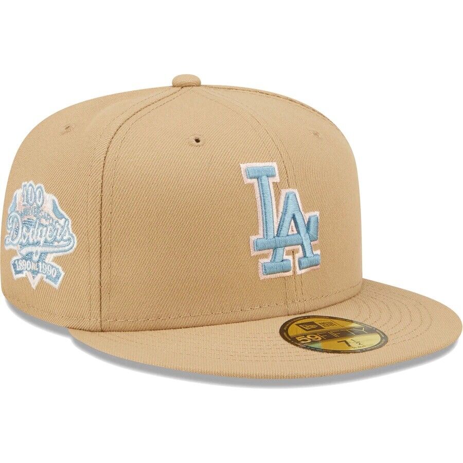 New Era Los Angeles Dodgers Tan 5950 Hat 100th Anniversary Size 7 3/4 Blue  UV