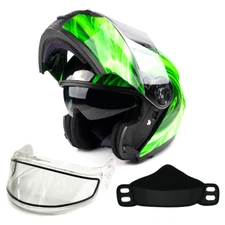 Green Adult Modular Flip Up Snowmobile Helmet w/ Dual Lens Anti Fog Shield DOT