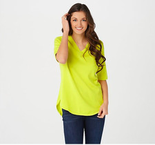 Isaac Mizrahi V-Neck Elbow Sleeve Sweater with Curved Hem Lime Size L A378394