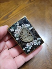 Soporte de caja de cerillas vintage asiático de cobre/esmalte/jade floral cloisonné