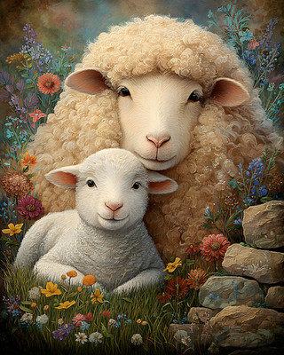 8x10 Cozy Storybook Sheep and Lamb in Field of Flowers Art Print - 772286178