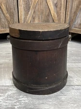 Antique Primitive Firkin Sugar Bucket & Lid 9” x 9” Band Dark Wood - No Handle