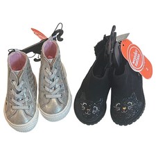 2 pr of Wonder Nation Baby Girl Boots, Size 2 Infant Black Cat, Silver High Top