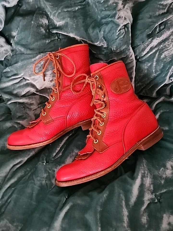 VINTAGE SHOES UNISEX SET BOOTS JUSTIN 7B L0538 RED LEATHER WESTERN LACE UP - Image 2 of 4