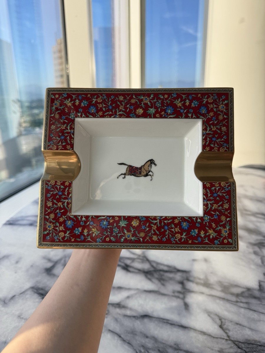 Hermes Cheval d'Orient Porcelain Ashtray Change Tray Red Floral w