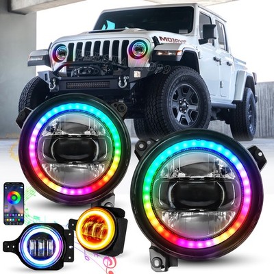 9'' RGB Halo LED Headlights + Fog Lights Combo for Jeep Wrangler JL JLU Gladiator