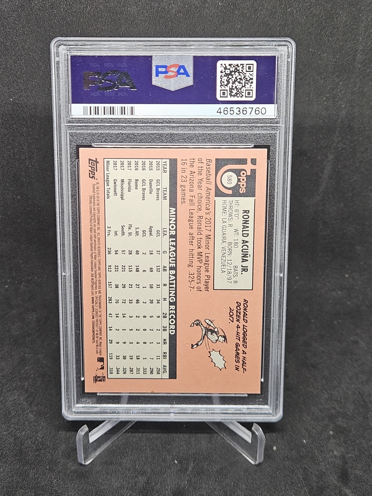 2018 Topps Heritage Ronald Acuna Jr Atlanta Braves PSA 10 RC view 2