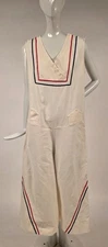 ART DECO 1930’S WHITE COTTON BEACH PAJAMAS W RED + WHITE STRIPE TOP + WIDE LEGS
