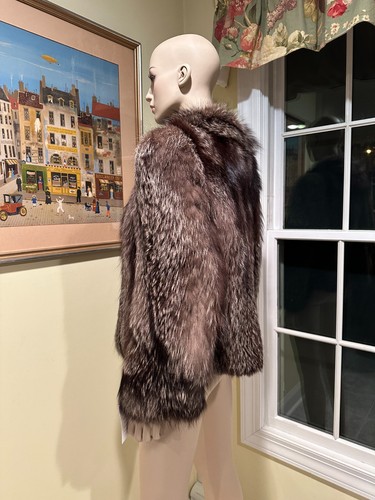 24" Hip Length Real Silver Fox Fur & Silk Coat Jacket Bolero Small 4/6 USA - Picture 4 of 9