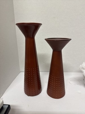 Pair of 10in MCM Walnut Brown Scotsdale Poly Resin Candle Holders Home Decor