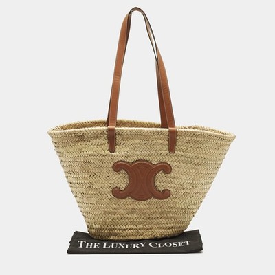 Celine Triomphe Beigebrown Raffia and Leather Basket Bag | eBay