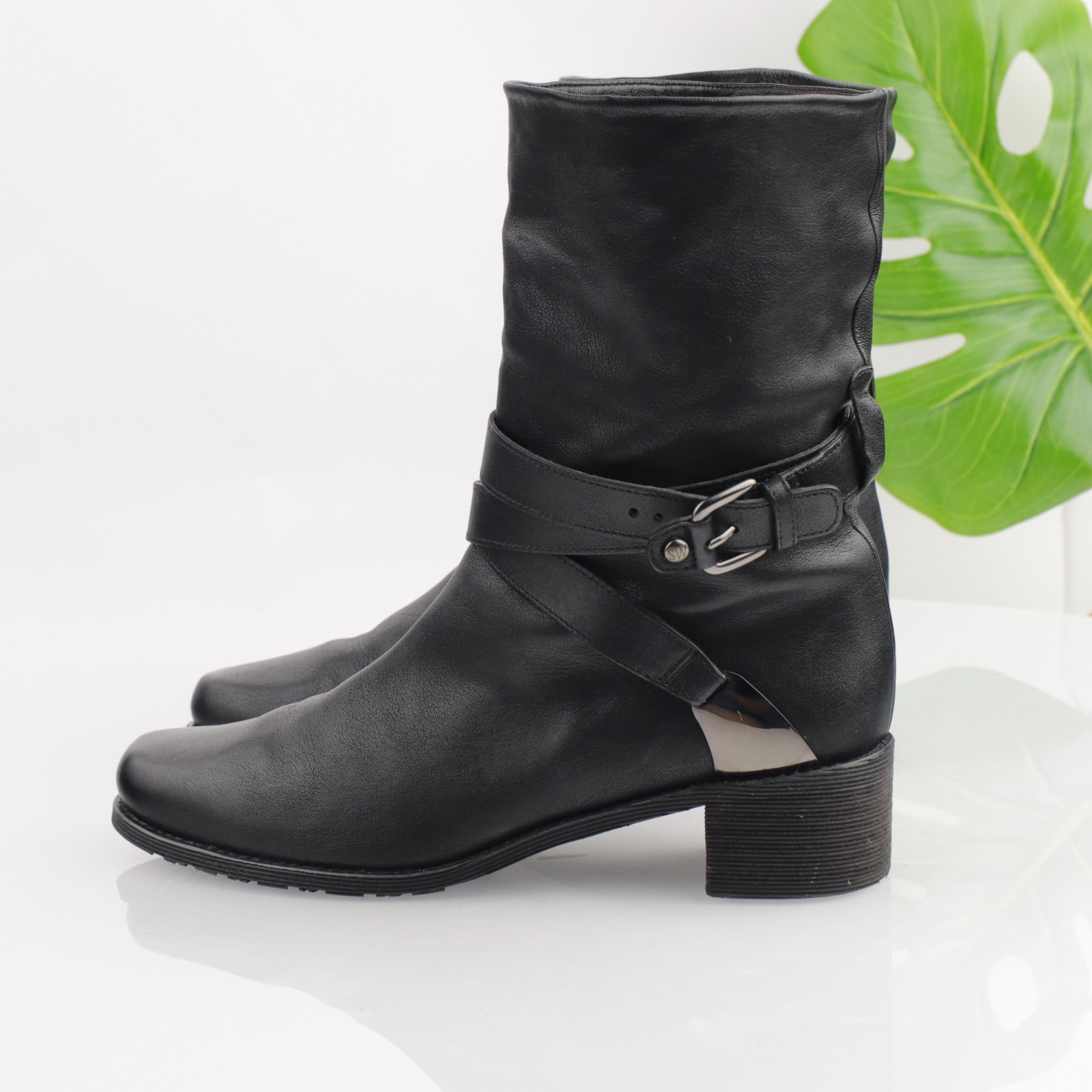 Stuart Weitzman Womens Ranch Dressing Boot Size 8.5 Black Buckle Heel Moto Biker