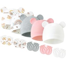 Newborn Baby Hats and Mittens Set, Cotton Infant Baby Boy Girl Bear Pink multi