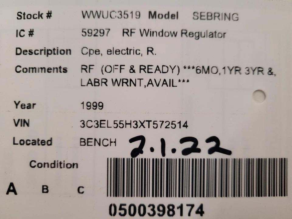 Used Front Right Door Window Regulator Front fits: 1999 Chrysler Sebring Cpe ele Foto 3 de 4