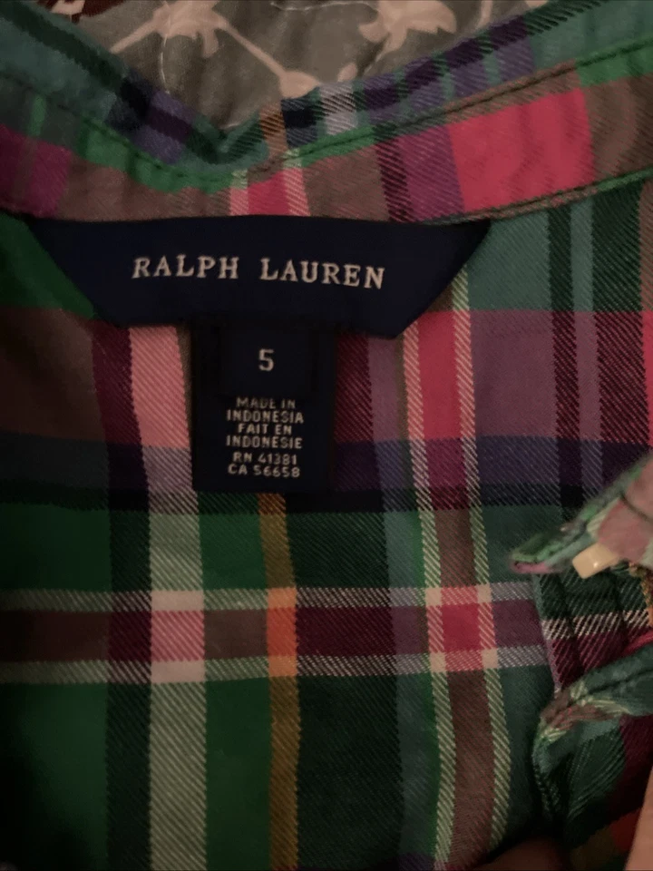 Ralph Lauren Girls Size 5 Plaid Button Up Shirt And Navy Blue Leggings Set - Image 2 of 4