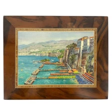 Vintage Watercolor Print on Wood Inlay Marquetry SORRENTO ITALY Wall Art