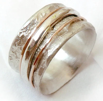 Bague unisexe en cuivre massif 925, bague toupie minimaliste de guérison fait... - Photo 1/3