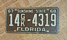 Vintage 1967-68 Florida Comm License Plate 14 G/K 4319 Marion County Black White