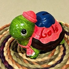 Turtle Coin Bank LOVE with stopper Vintage 70s Pink Hat/Scarf Kitsch Taiwan