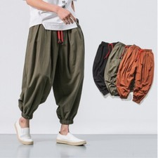 Mens Baggy Harem Pants Linen Blend Trousers Casual Retro Hippie Loose Chic Black