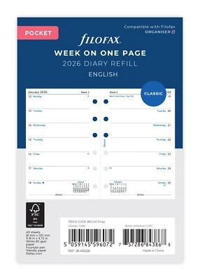 Filofax Pocket Diary 2026 - Week On One Page Insert 68226