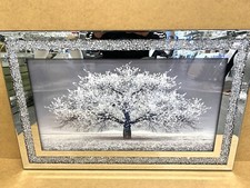 Crushed Diamond Blossom Tree Picture Silver Liquid Art 3D Wall Hung 80x50 cm
