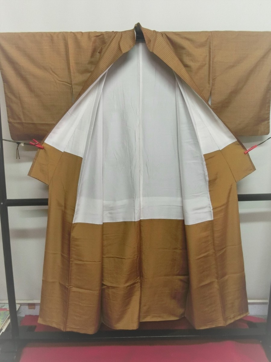 Antique Japanese Kimono Komon Stripes Golden brown Silk Ka0813-3