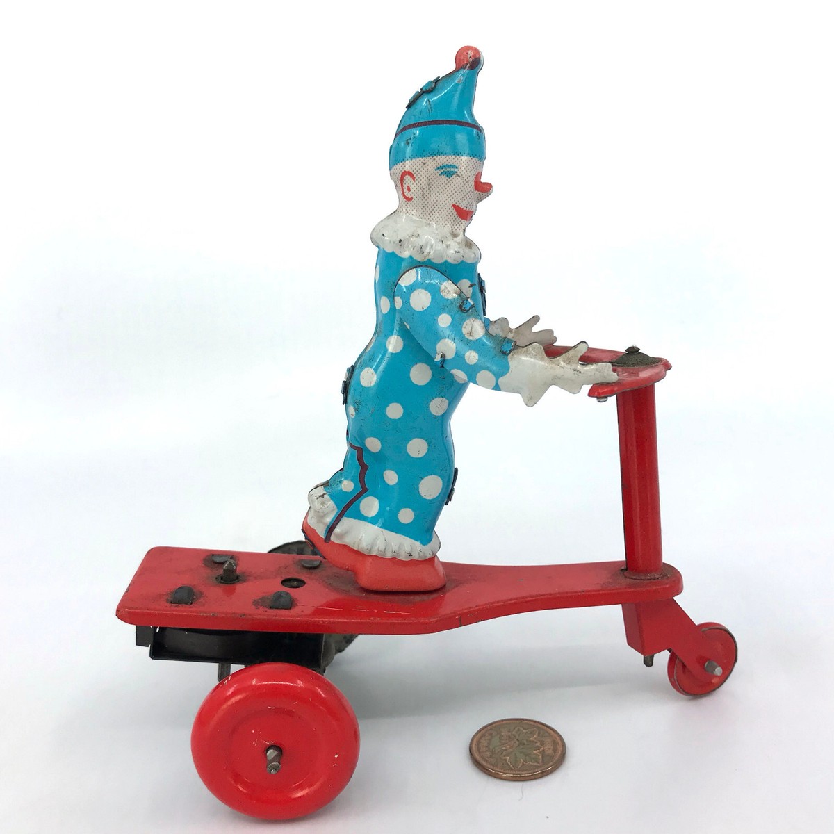 Lemezarugyar Hungary Tin Toy Clown Riding Red Scooter Wind Up