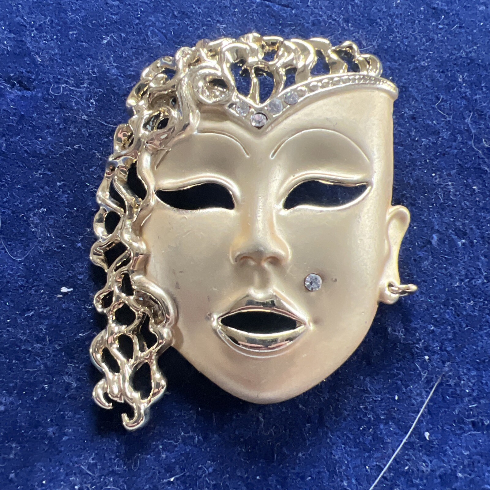 Vintage Theater Carnival Mask Face Mardi Gras W/ Rhinestone Gold Tone Brooch Pin