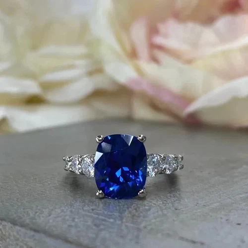 2Ct Cushion Cut Lab-Created Blue Sapphire Engagement Ring 14K White Gold Plated