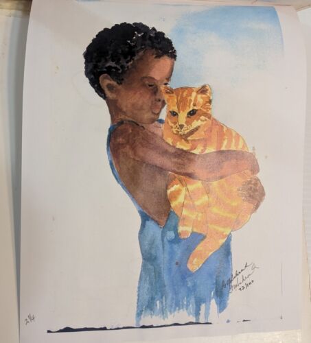 Doris M Schrock Arte Original Niño Con Naranja Felina Atigrado De Colección 8" x 11 1/2 - Imagen 7 de 9